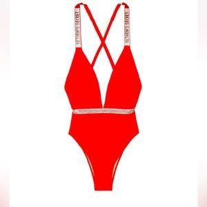 VICTORIA'S SECRET SWIM Shine Strap Plunge One-Piece Swimsuit Size Small Red